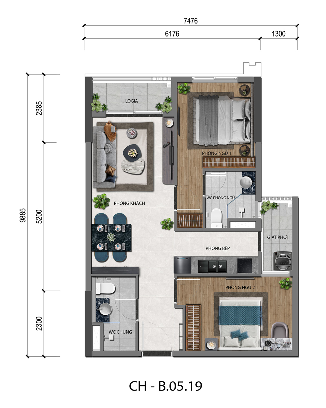 MẶT BẰNG CĂN HỘ 2PN